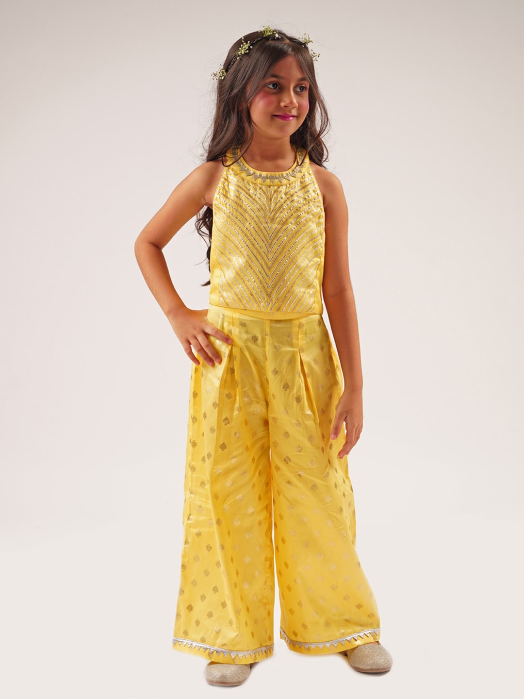 

LIL DRAMA Girls Embroidered Pure Cotton Top with Palazzos, Yellow