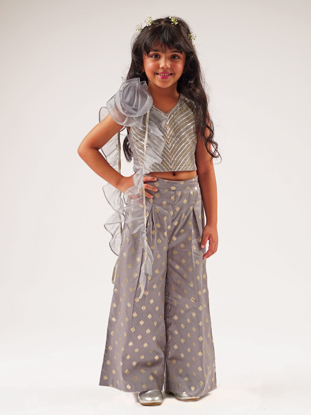 

LIL DRAMA Girls Embellished V-Neck Pure Cotton Top with Palazzos, Grey
