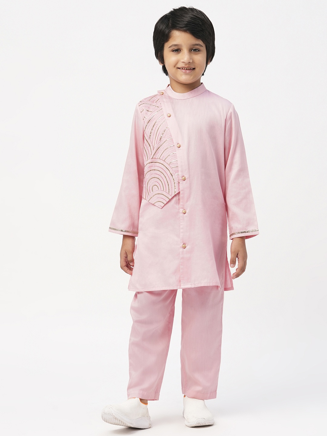 

LIL DRAMA Boys Ethnic Motifs Embroidered Gotta Patti Pure Cotton Kurta With Pyjamas, Pink