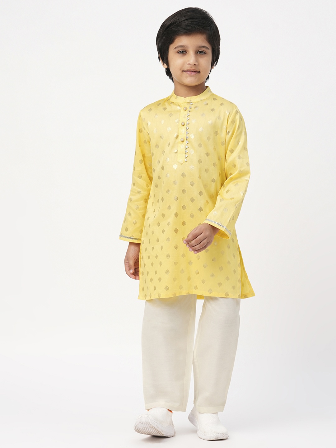 

LIL DRAMA Boys Ethnic Motifs Woven Design Mandarin Collar Pure Cotton Kurta with Pyjamas, Yellow