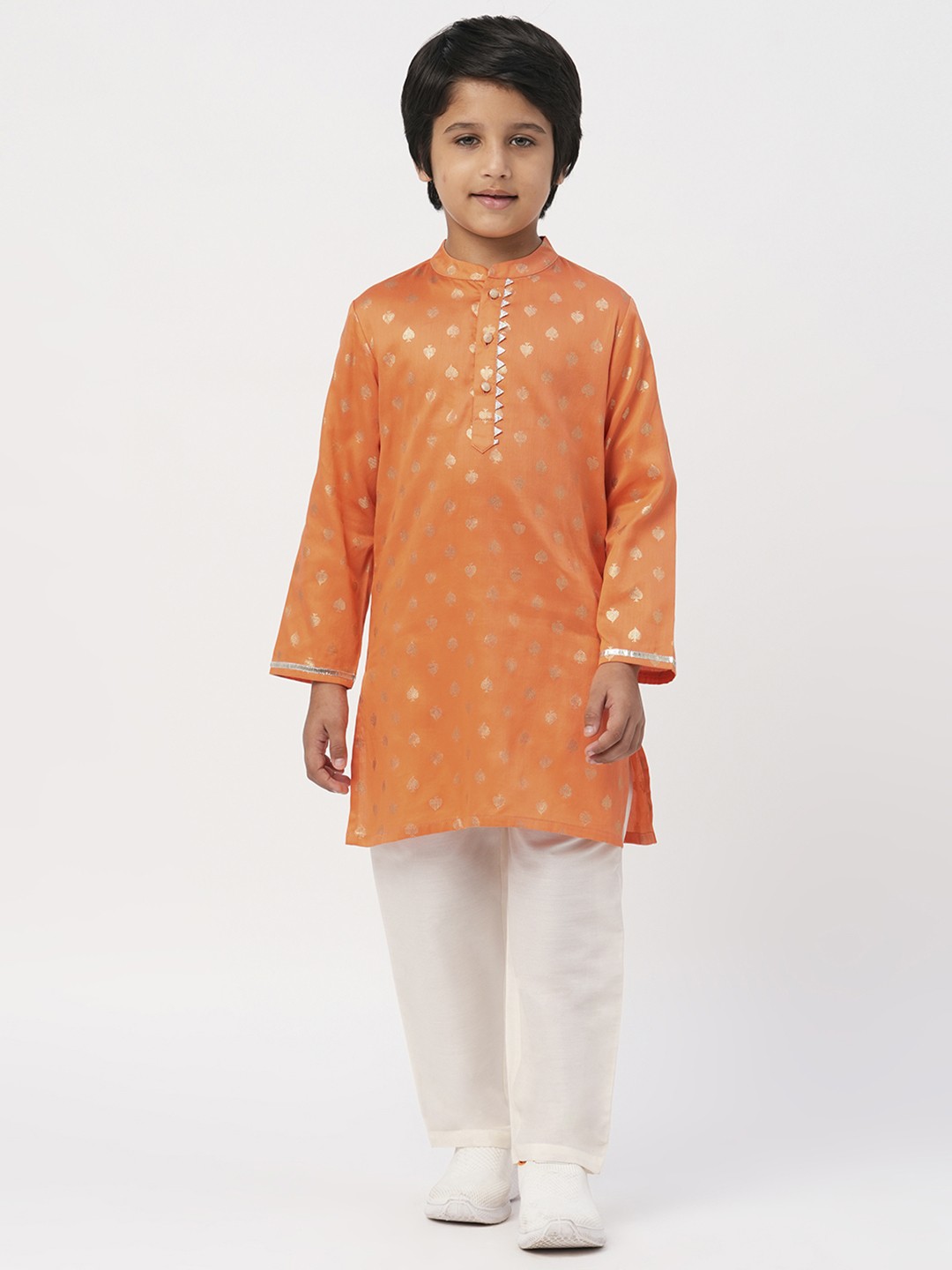 

LIL DRAMA Boys Ethnic Motifs Woven Design Pure Cotton Kurta with Pyjamas, Orange