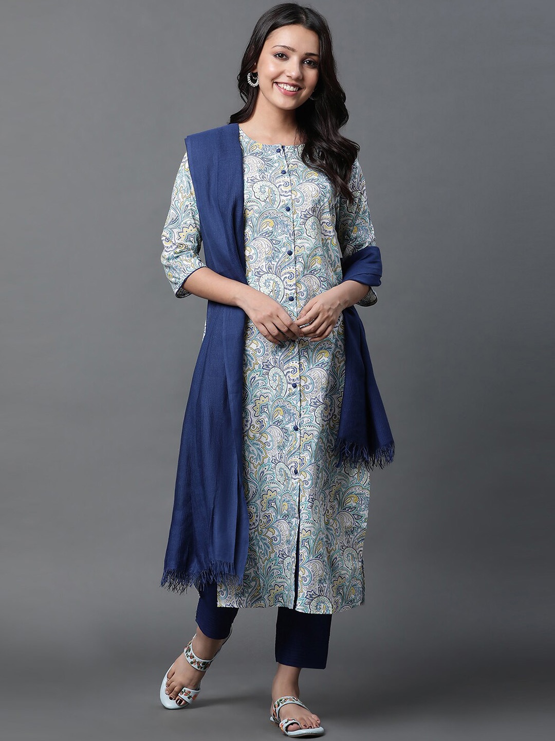 

AURELIA Ethnic Motifs Printed Pure Cotton Kurta with Trousers & Dupatta, White