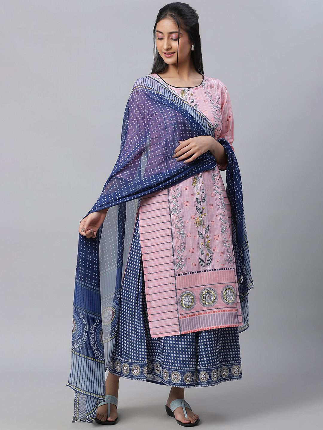 

AURELIA Ethnic Motifs Printed Pure Cotton Kurta With Palazzos & Dupatta, Pink