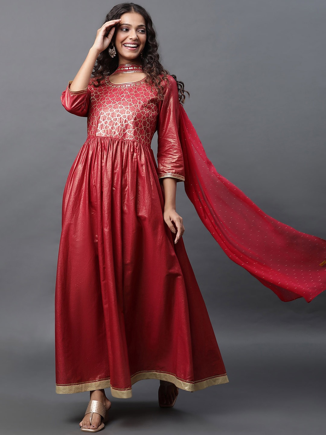 

AURELIA Embroidered Sequinned Anarkali Kurta with Skirt & With Dupatta, Maroon