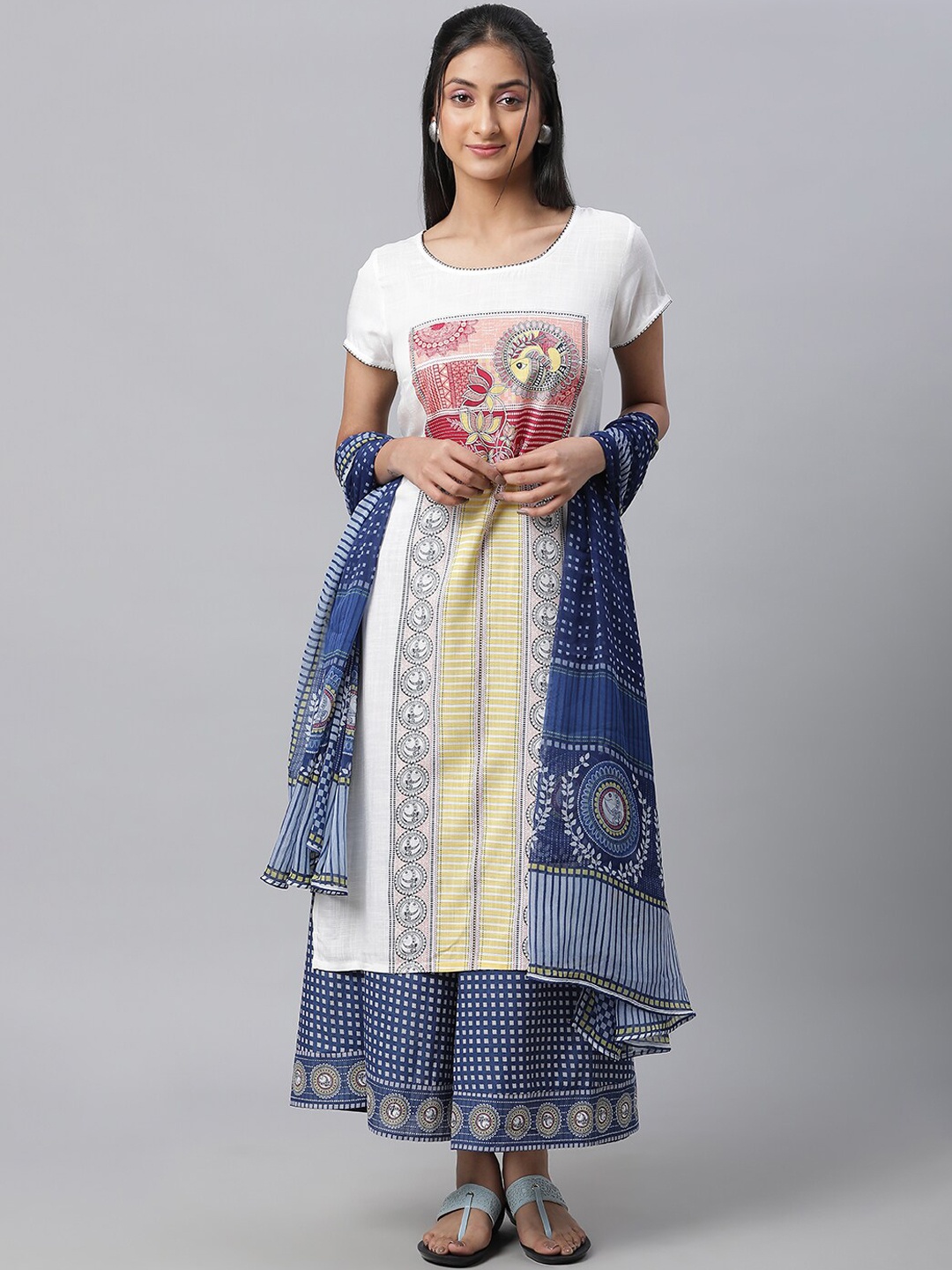 

AURELIA Ethnic Motifs Printed Straight Kurta With Trousers & Dupatta, White