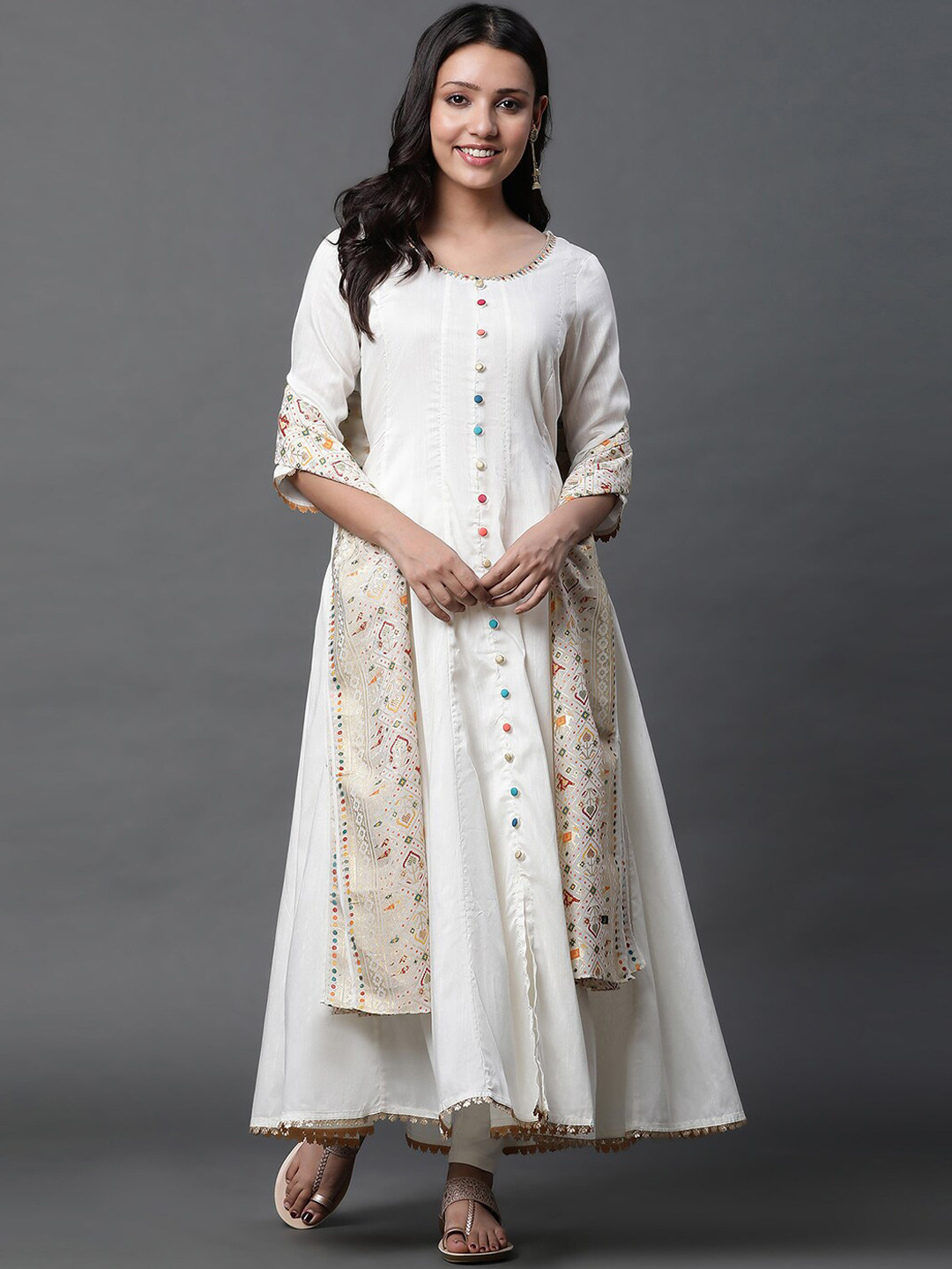 

AURELIA Thread Work Detailed Panelled A-Line Kurta & Leggings With Dupatta, White