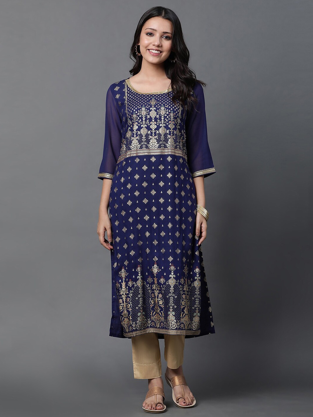 

AURELIA Ethnic Motifs Printed Straight Kurta with Trouser, Blue