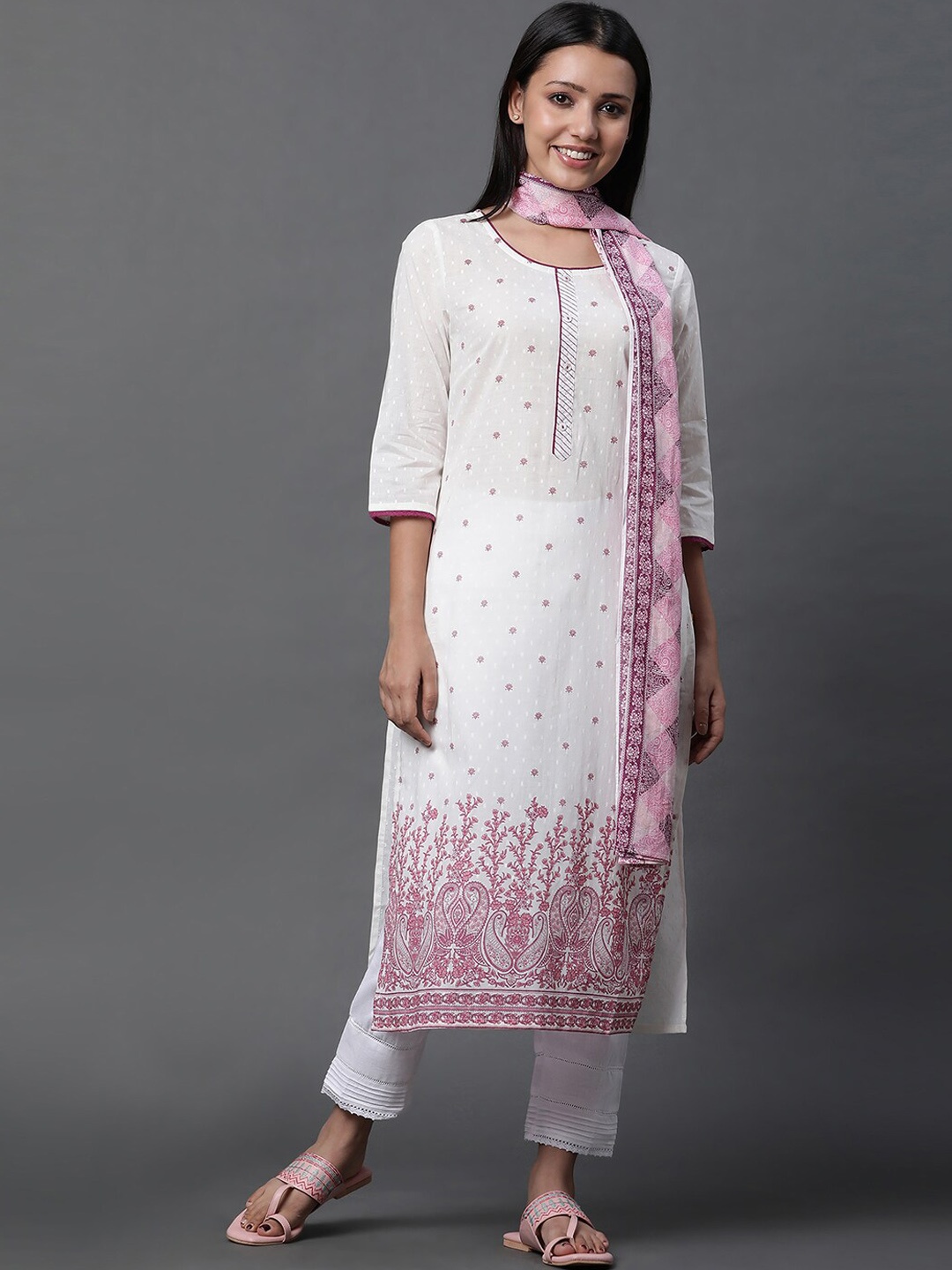 

AURELIA Floral Printed Pure Cotton Kurta With Trousers & Dupatta, White