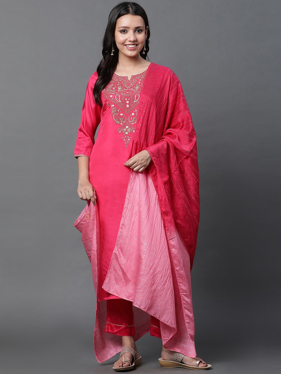 

AURELIA Ethnic Motifs Yoke Design Sequined Kurta With Trousers & Dupatta, Pink