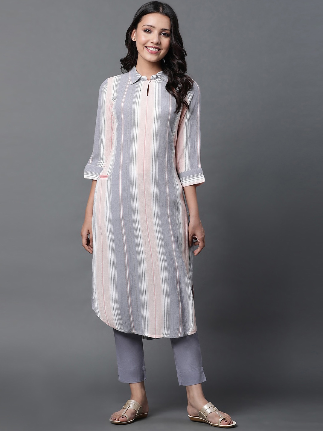 

AURELIA Striped Shirt Collar Straight Kurta with Trousers, Pink