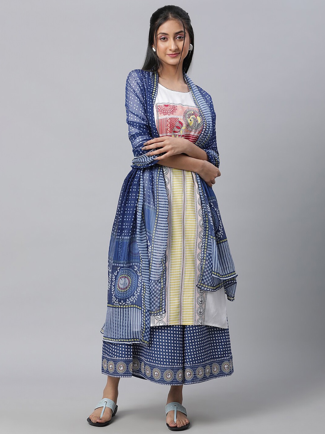 

AURELIA Ethnic Motifs Printed Regular Kurta With Palazzos & Dupatta, White