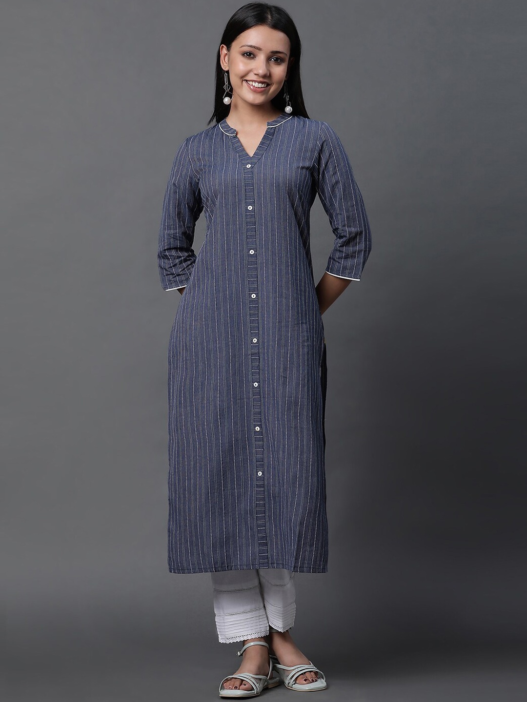 

AURELIA Striped Regular Pure Cotton Kurta with Trousers, Blue