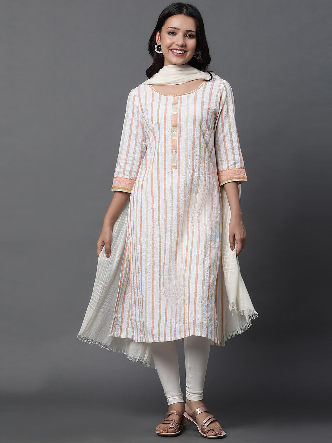 

AURELIA Striped Kurta With Leggings & Dupatta, White
