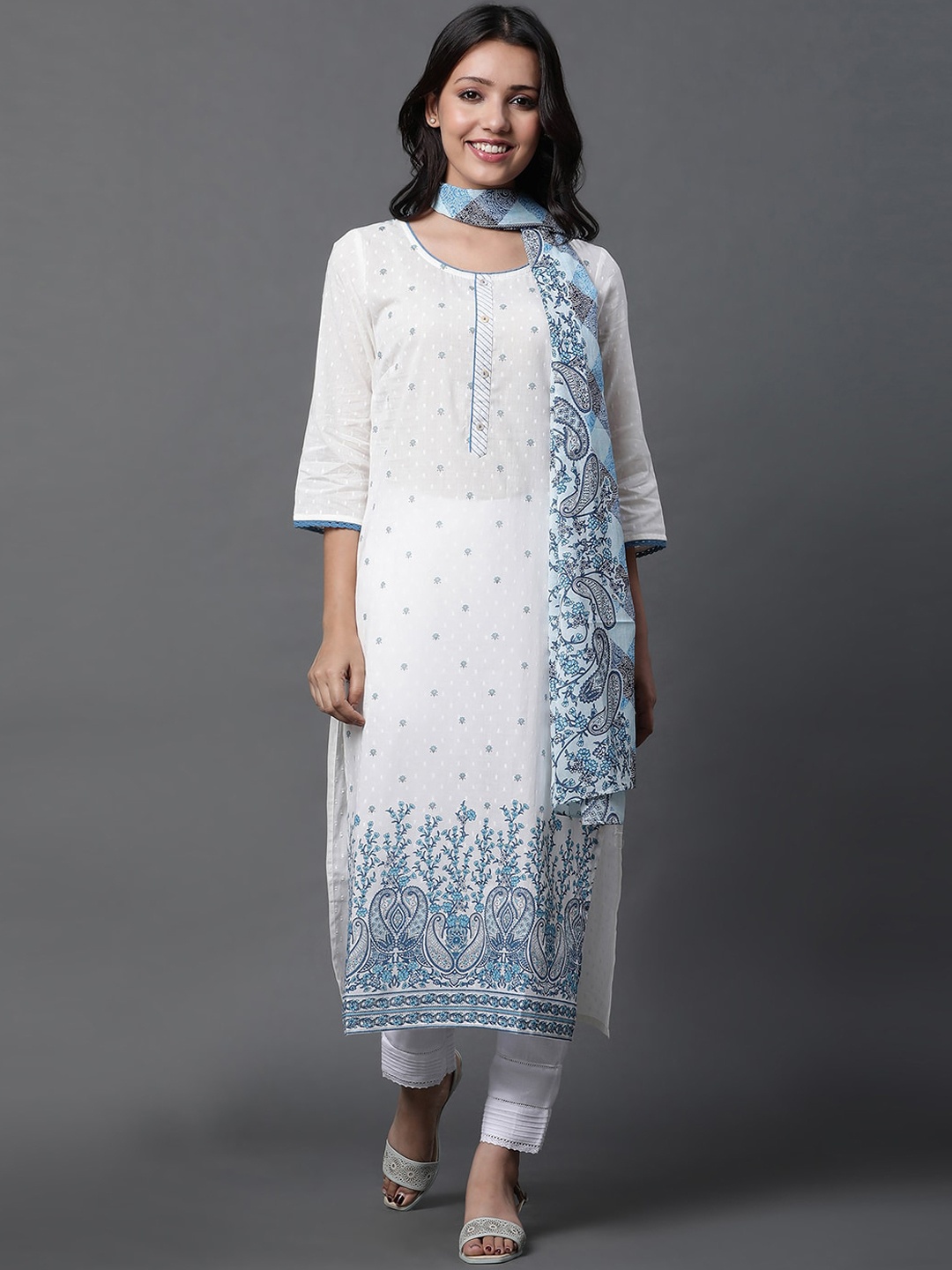 

AURELIA Ethnic Motifs Printed Pure Cotton Straight Kurta With Trousers & Dupatta, White