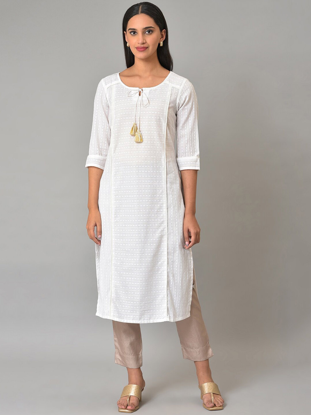 

AURELIA Geometric Self Design Tie-Up Neck Regular Kurta with Trousers, White