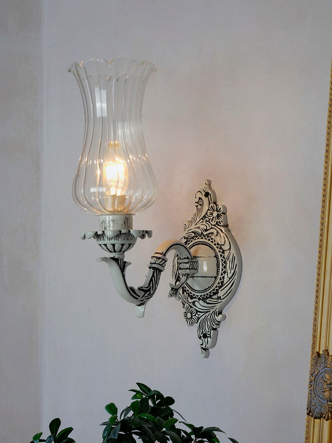 

Fos Lighting White Aluminum Traditional Swan Antique Wall Lamp with Fluted Glass Shade