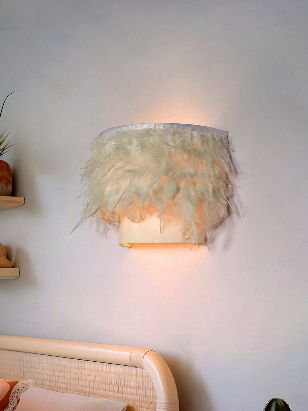 

Fos Lighting White Feather Half Drum Wall Lamp with Plated Fabric Shade