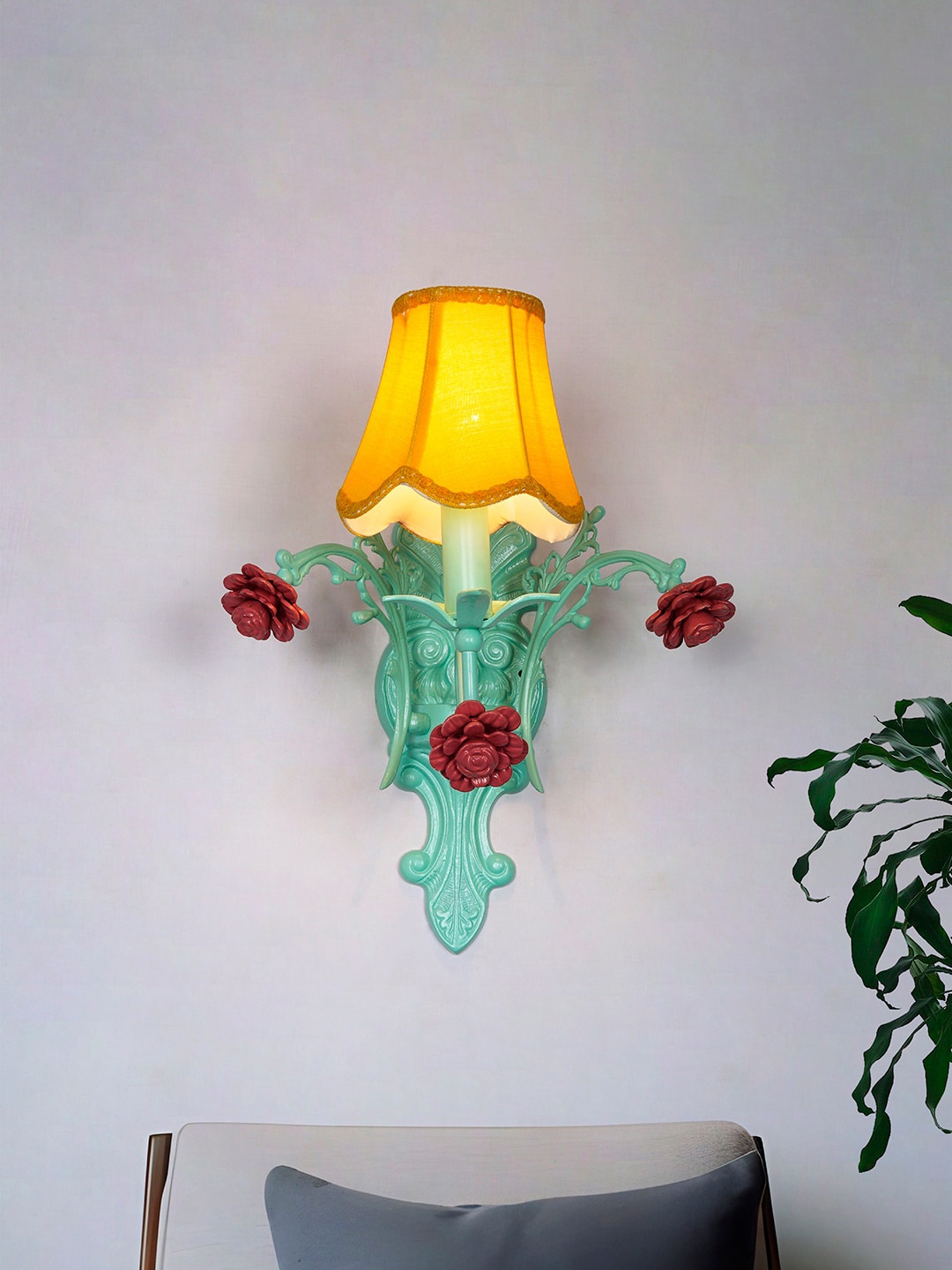 

Fos Lighting Green & Pink Metal Flowers Wall Lamp With Scallop Shade