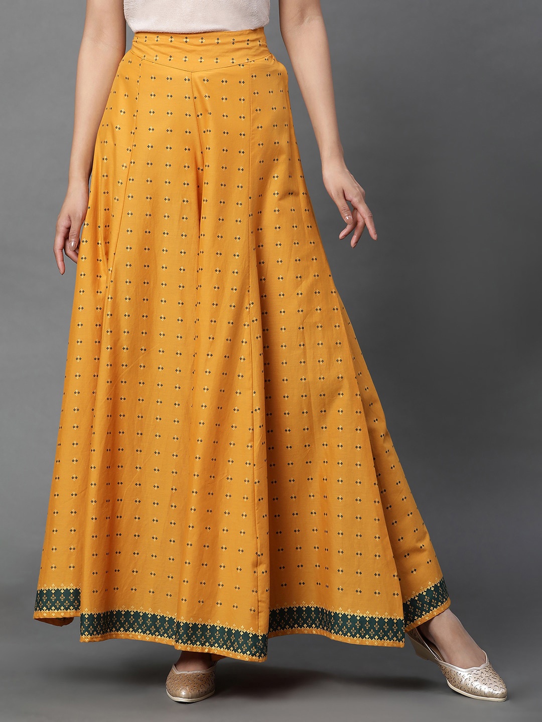 

AURELIA Ethnic Motif Printed Pure Cotton Flared Palazzos, Yellow