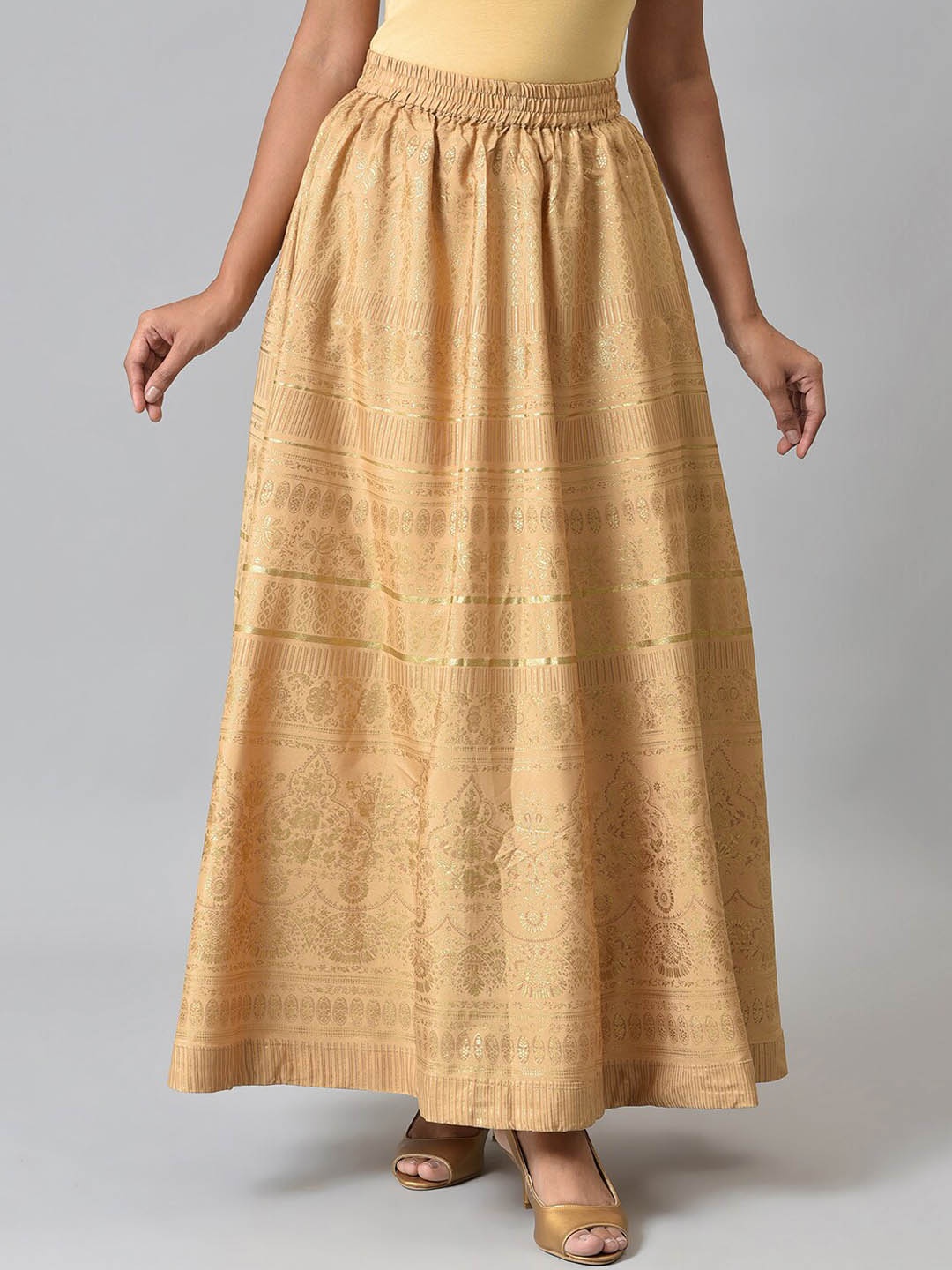 

AURELIA Ethnic Motifs Printed Pure Cotton Flared Maxi Skirt, Gold