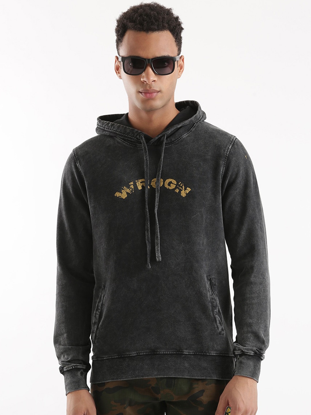 

WROGN Typography Printed Hooded Cotton Sweatshirt, Black