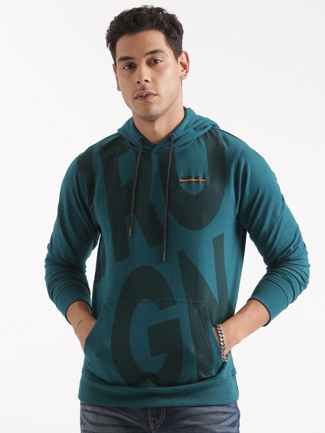 

WROGN Typography Printed Hooded Cotton Sweatshirt, Green