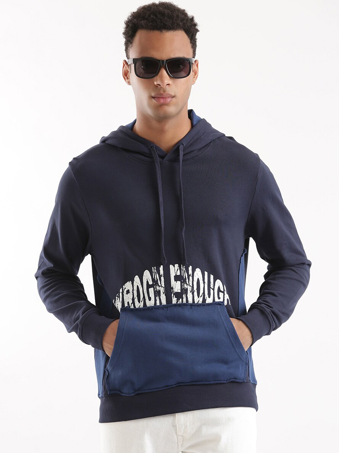 

WROGN Typography Printed Hooded Cotton Pullover, Navy blue