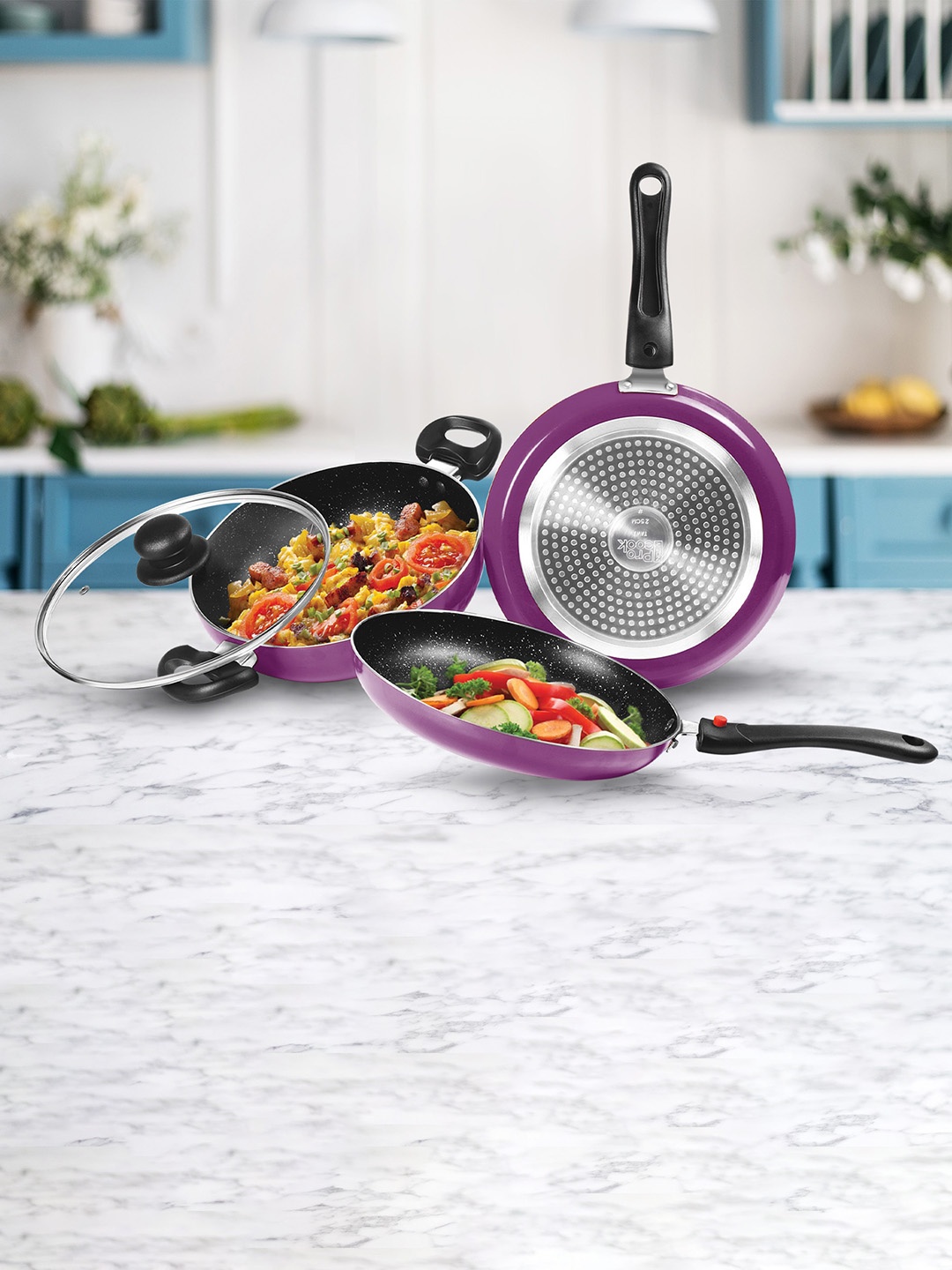 

Milton Pro Cook Kitchen Jewel Set of 3 Pieces Fry Pan 24 cm Kadhai 24 Cm Tawa 25 Cm, Purple