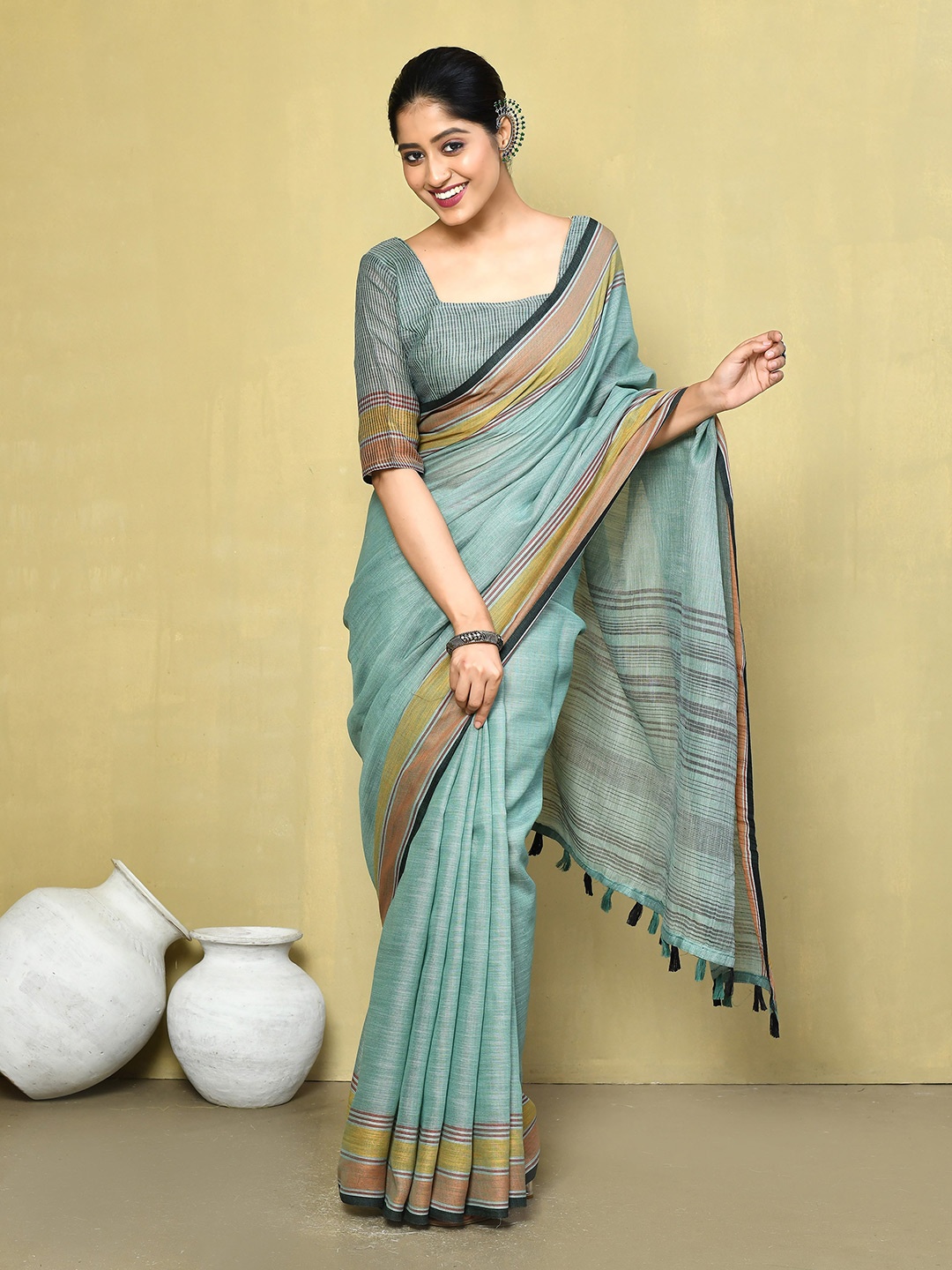 

elora Striped Border Pure Linen Saree, Sea green