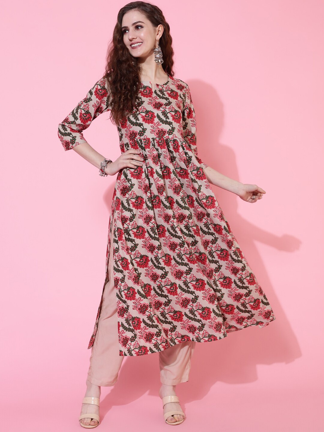 

KIMAYRA Floral Printed Pure Cotton A Line Kurta, Beige