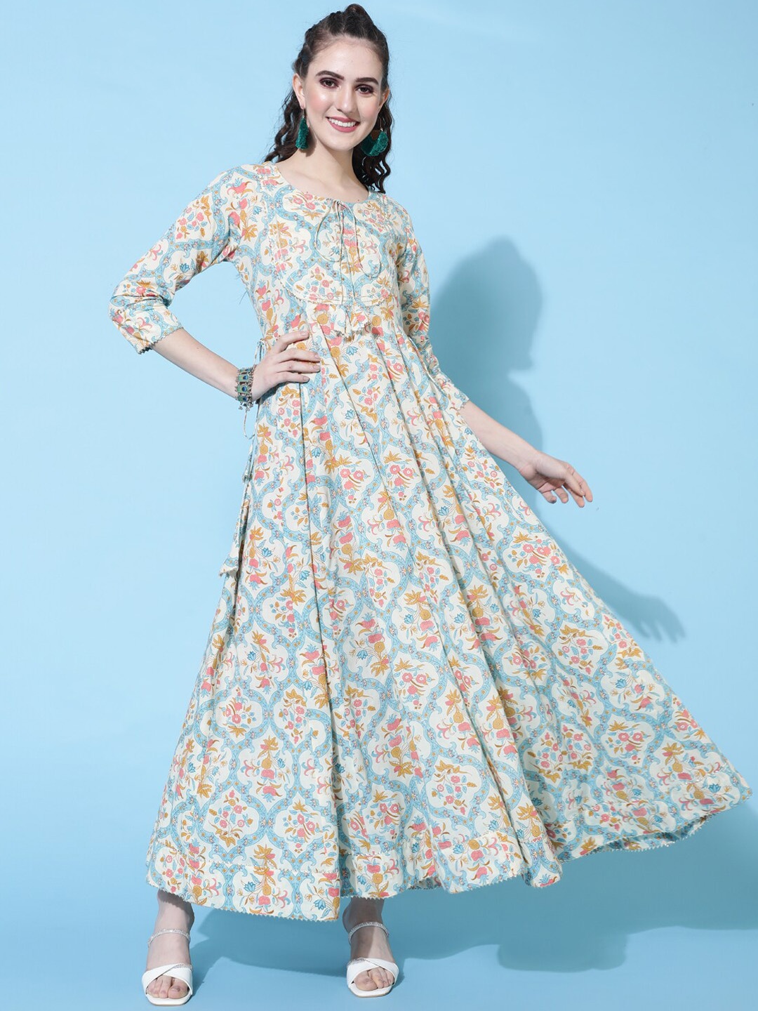 

KIMAYRA Ethnic Motifs Printed A Line Ethnic Dress, White