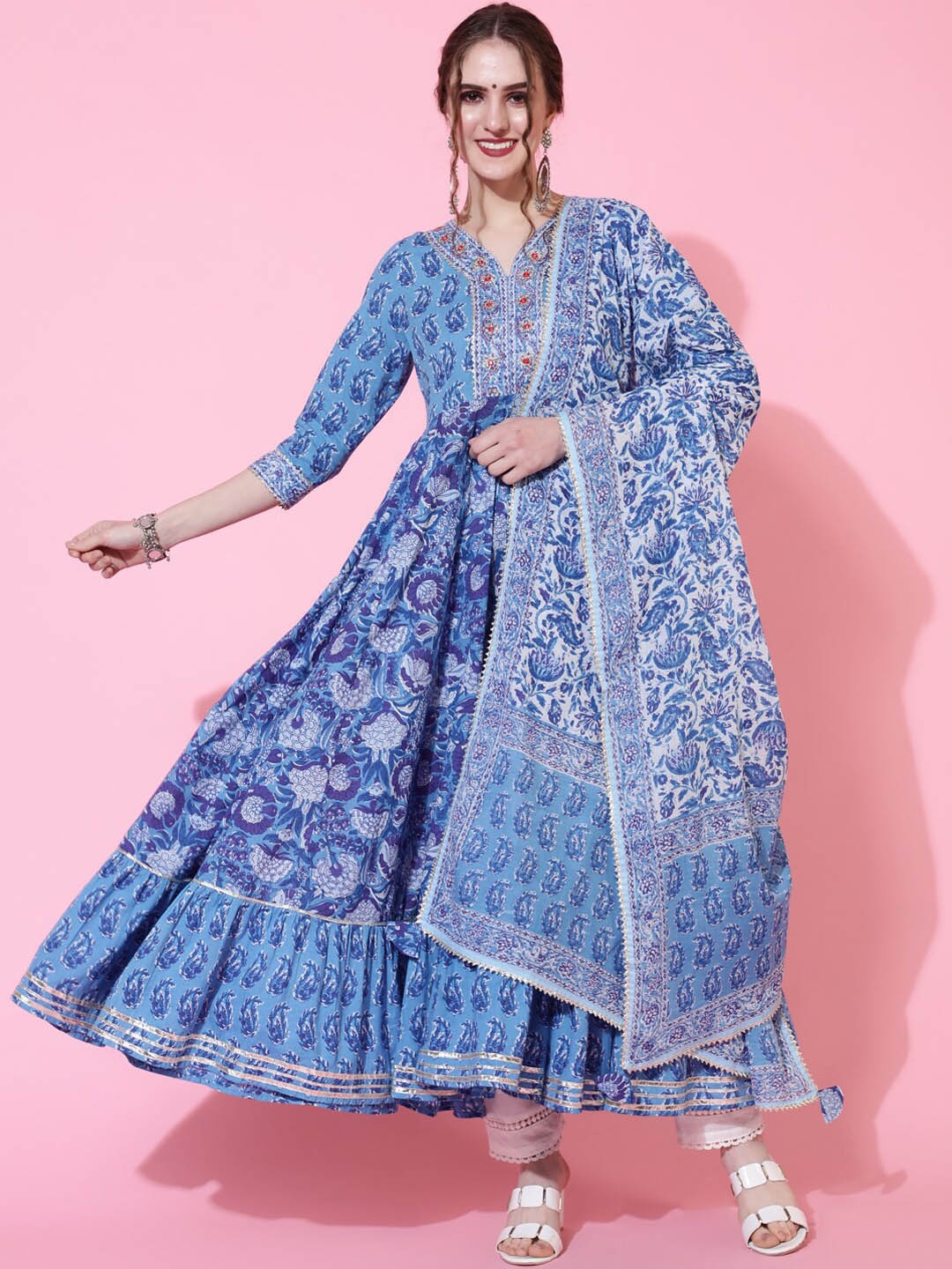 

KIMAYRA Ethnic Motifs Printed Sequinned Pure Cotton Anarkali Kurta With Dupatta, Blue