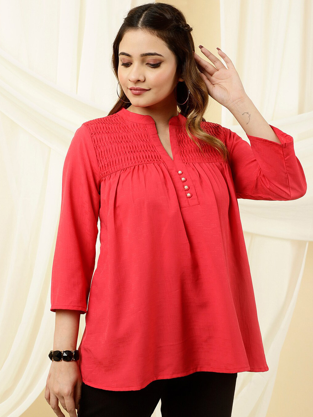 

Jaipur Kurti Mandarin Collar Gathered A-Line Top, Pink