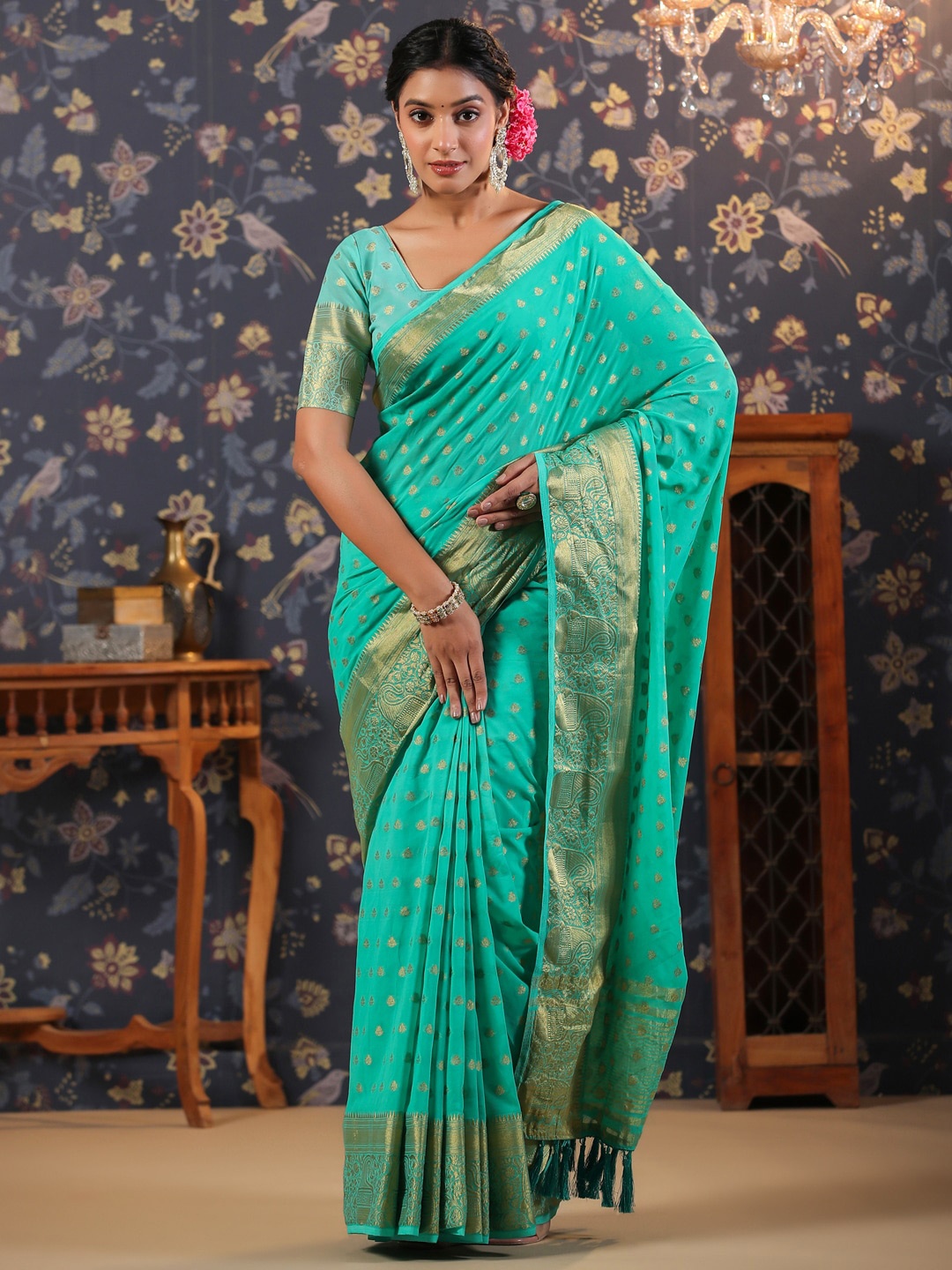 

House of Pataudi Blue Ethnic Motifs Printed Pure Georgette Banarasi Saree