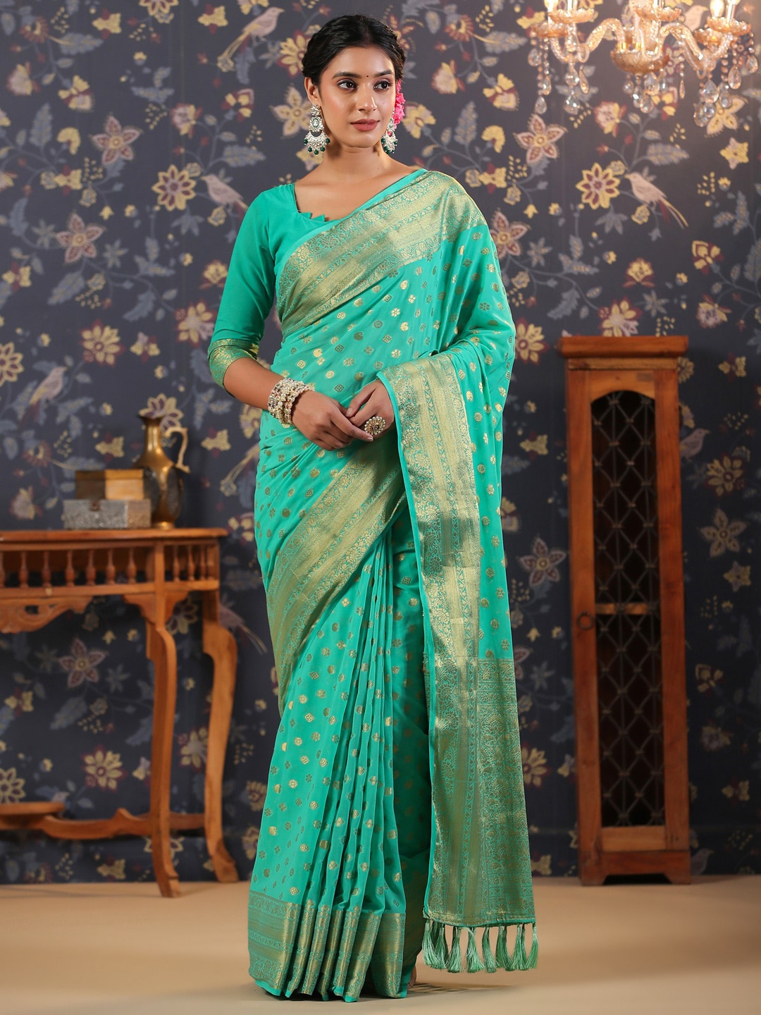 

House of Pataudi Turquoise Blue Ethnic Motifs Printed Pure Georgette Banarasi Saree