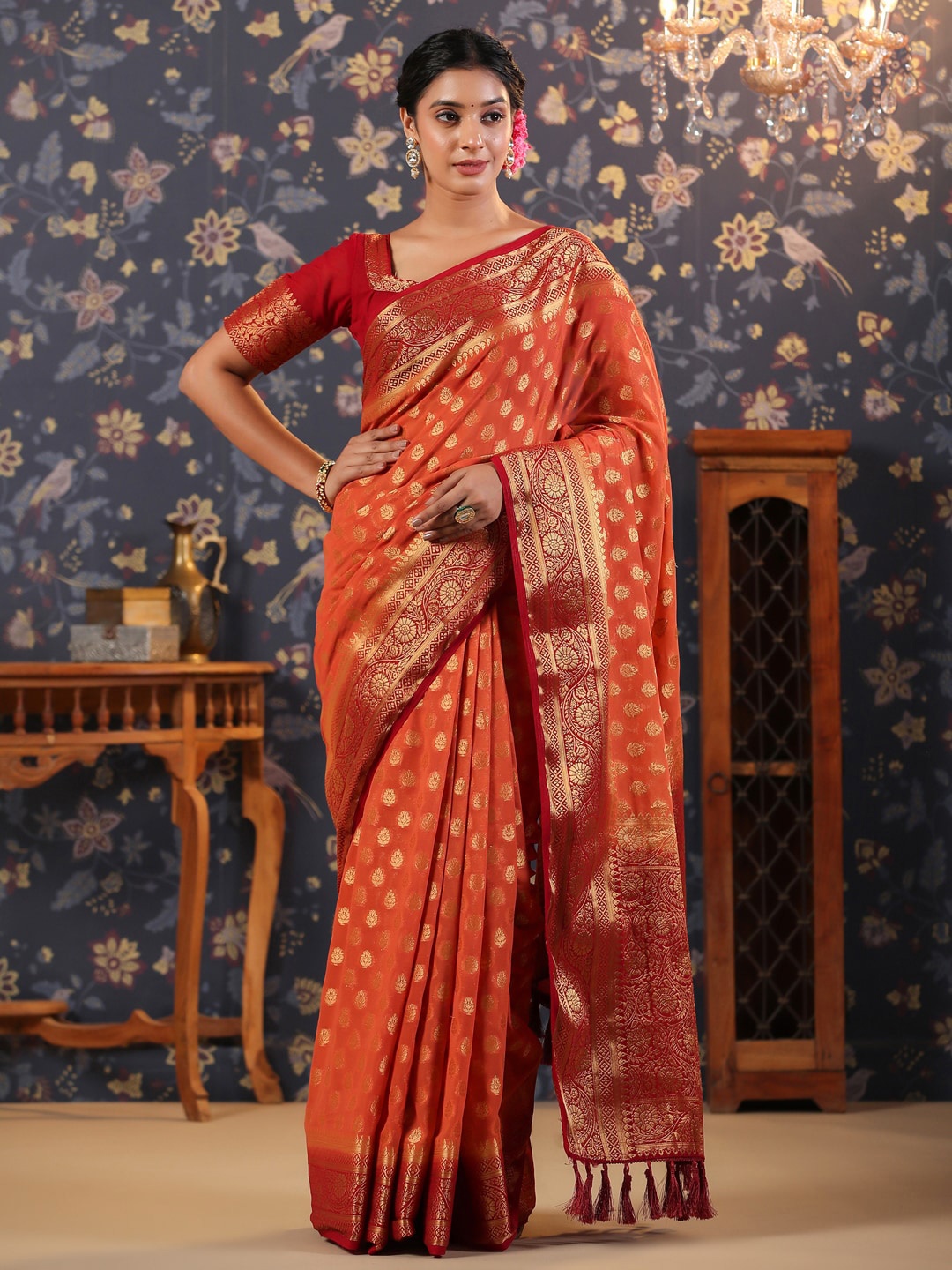 

House of Pataudi Orange Motifs Printed Pure Georgette Banarasi Saree