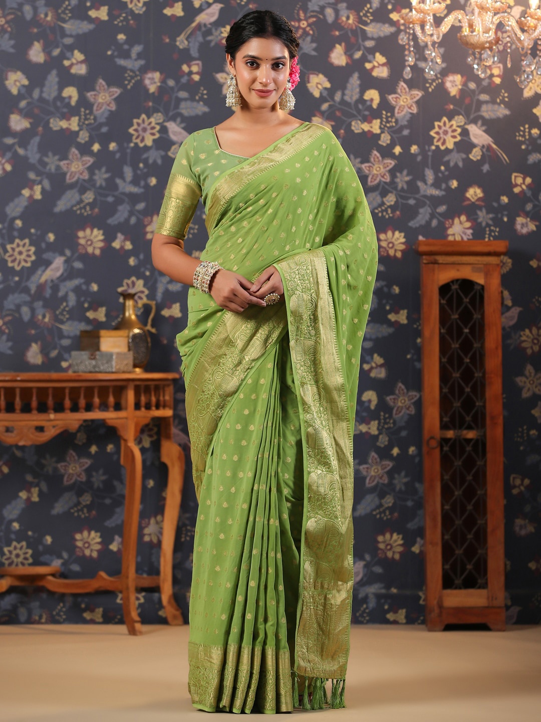 

House of Pataudi Green Ethnic Motifs Printed Pure Georgette Banarasi Saree