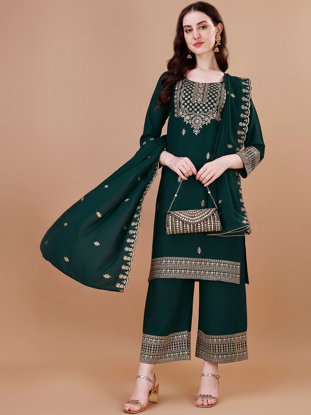 

KALINI Ethnic Motifs Embroidered Sequinned Kurta With Trousers & Dupatta, Green
