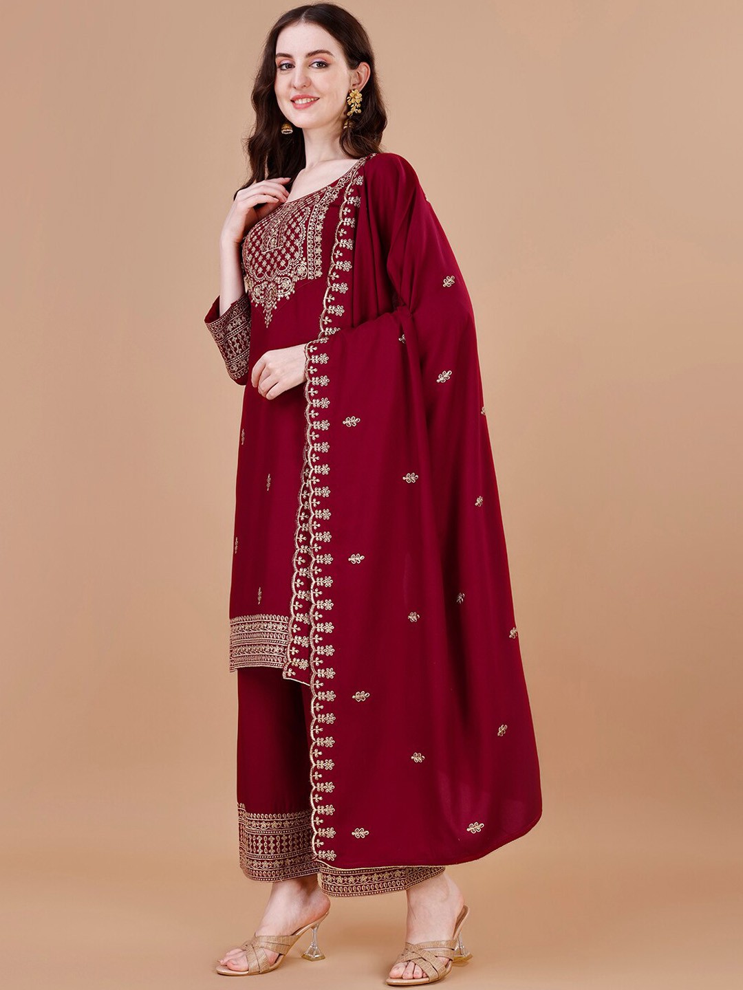

KALINI Ethnic Motifs Embroidered Sequinned Kurta With Trousers & Dupatta, Maroon