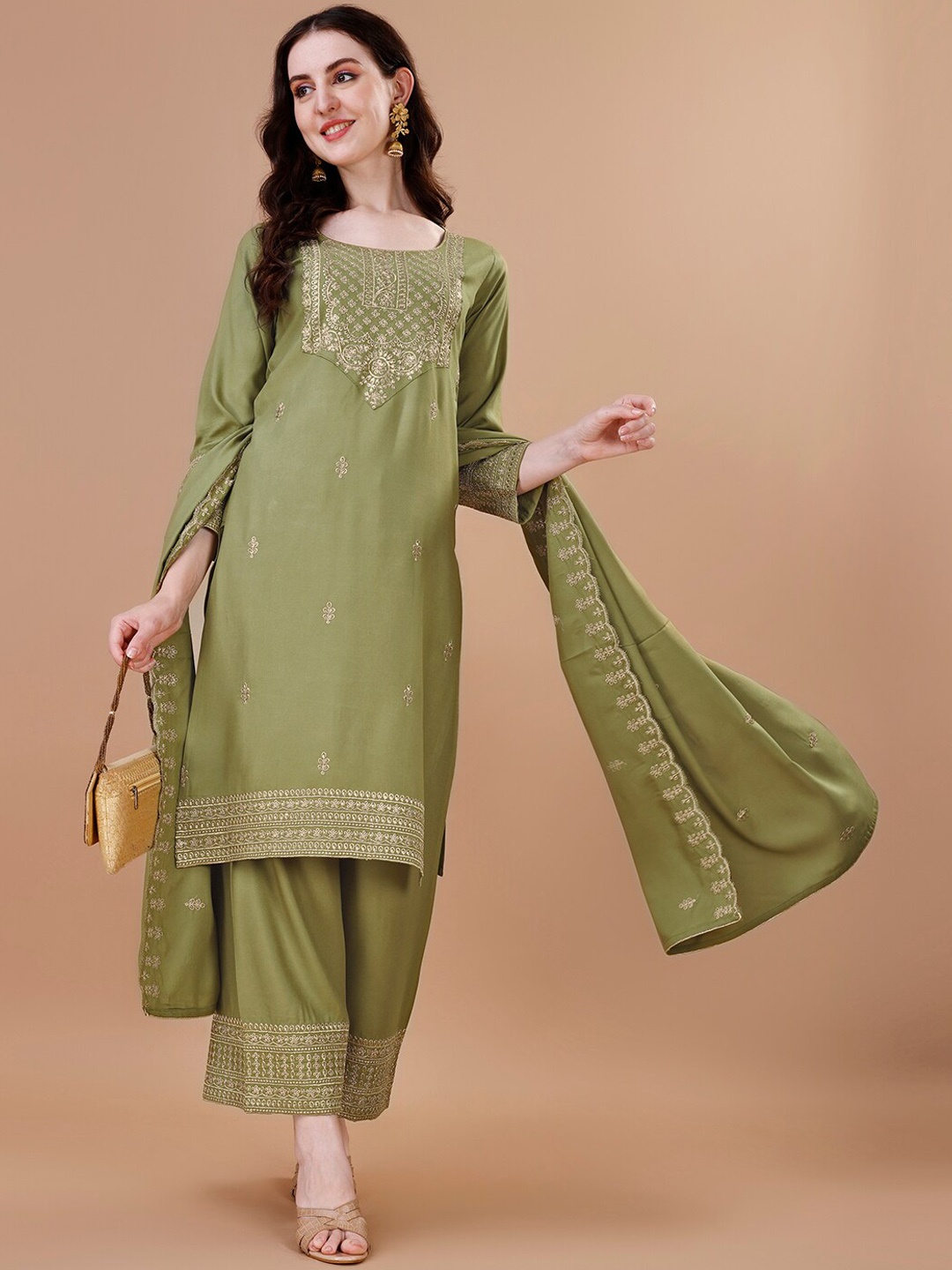 

KALINI Ethnic Motifs Embroidered Regular Thread Work Kurta With Trousers & Dupatta, Fluorescent green