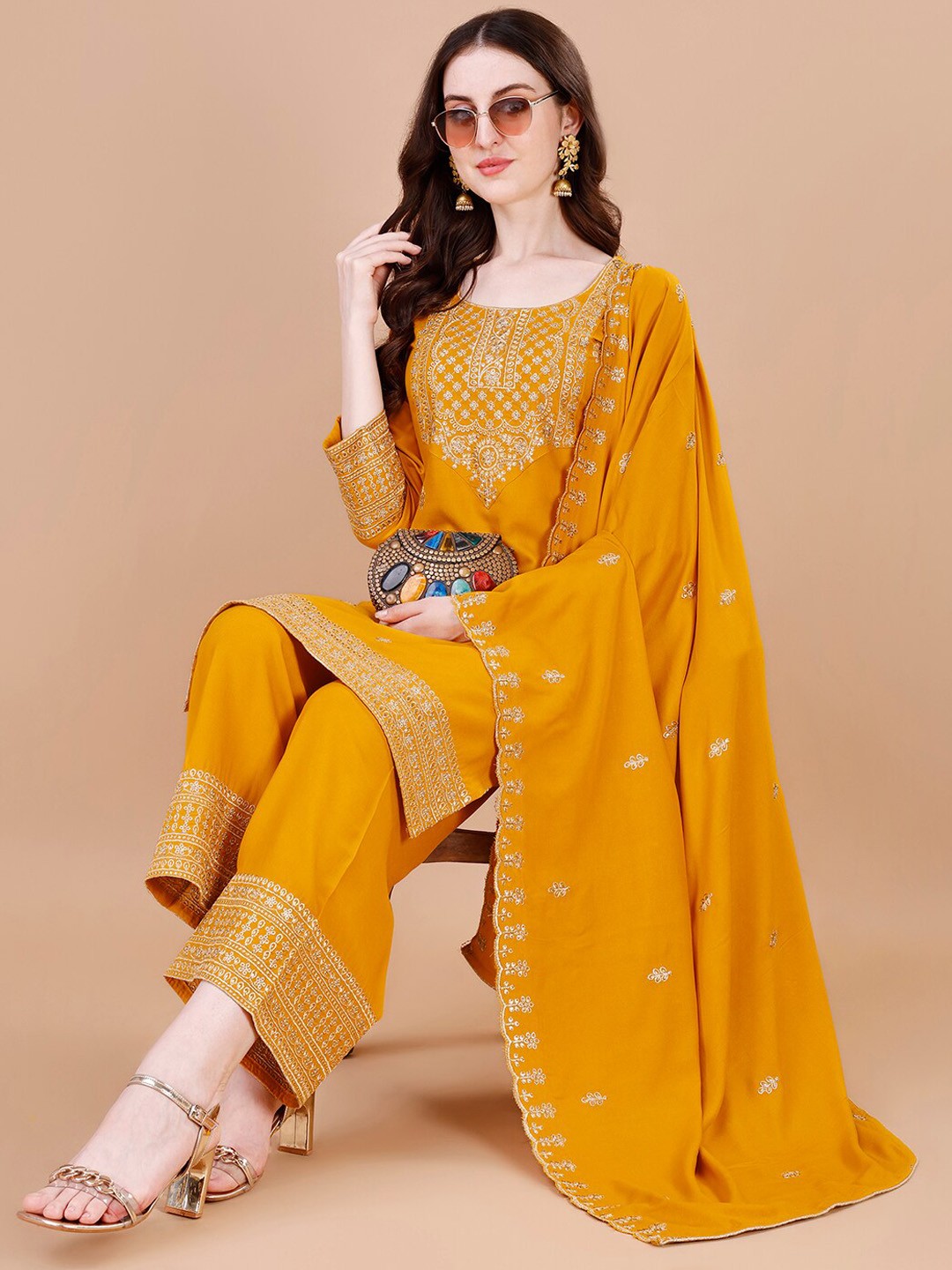 

KALINI Ethnic Motifs Embroidered Regular Sequinned Kurta With Trousers & Dupatta, Yellow