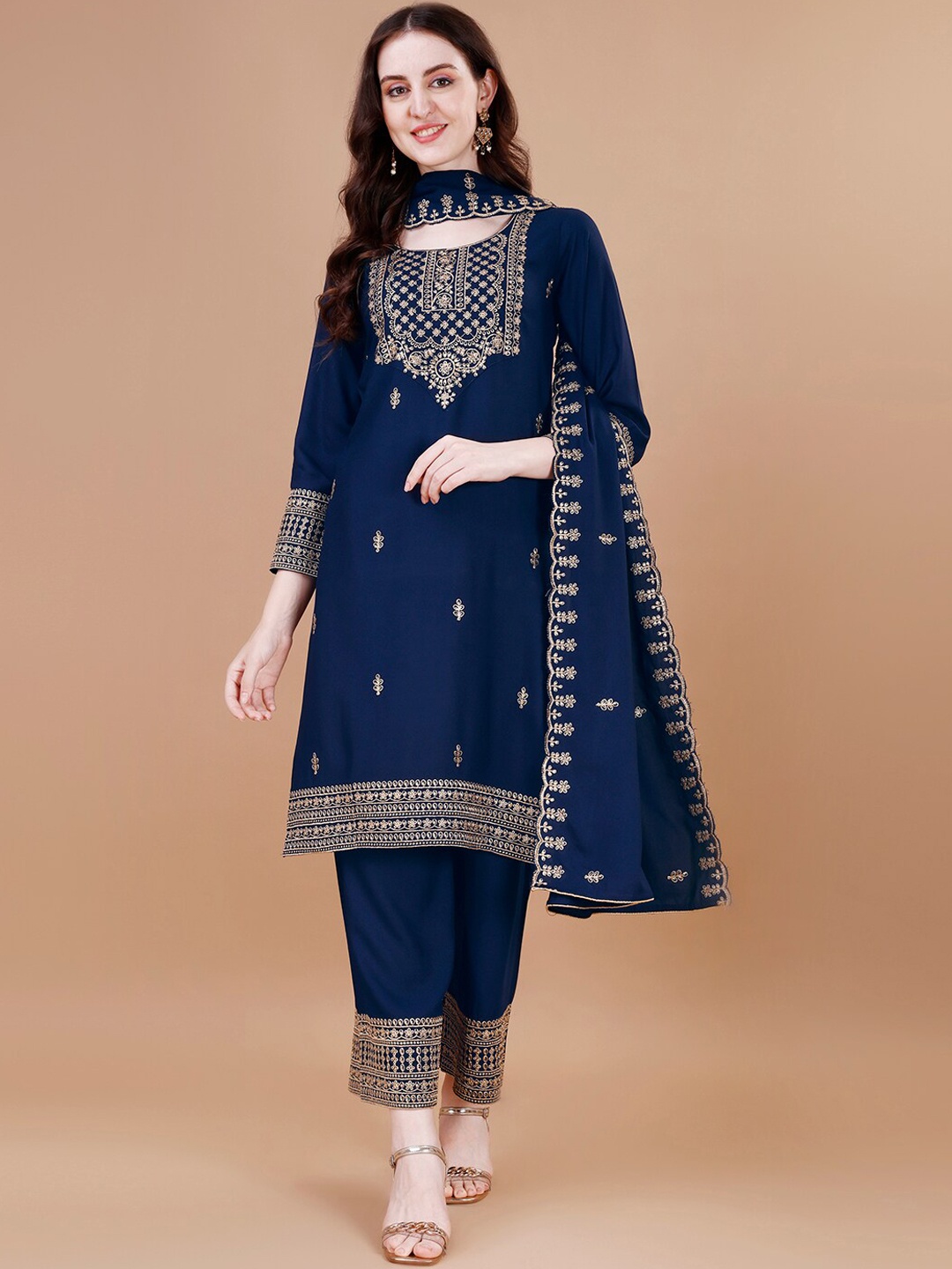 

KALINI Ethnic Motifs Embroidered Regular Thread Work Kurta With Trousers & Dupatta, Blue