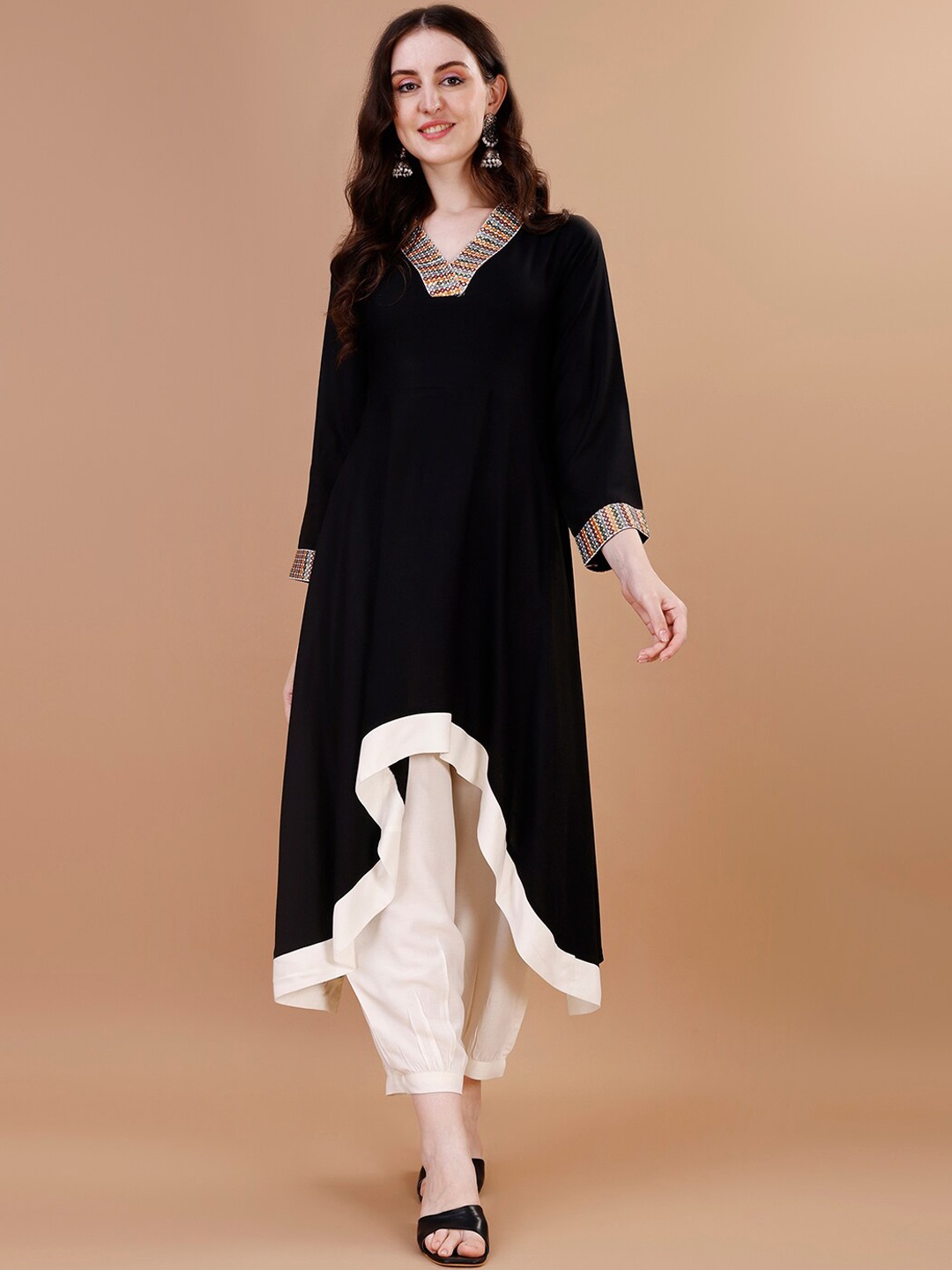 

KALINI V-Neck Regular Thread Work Kurta With Trousers, Black