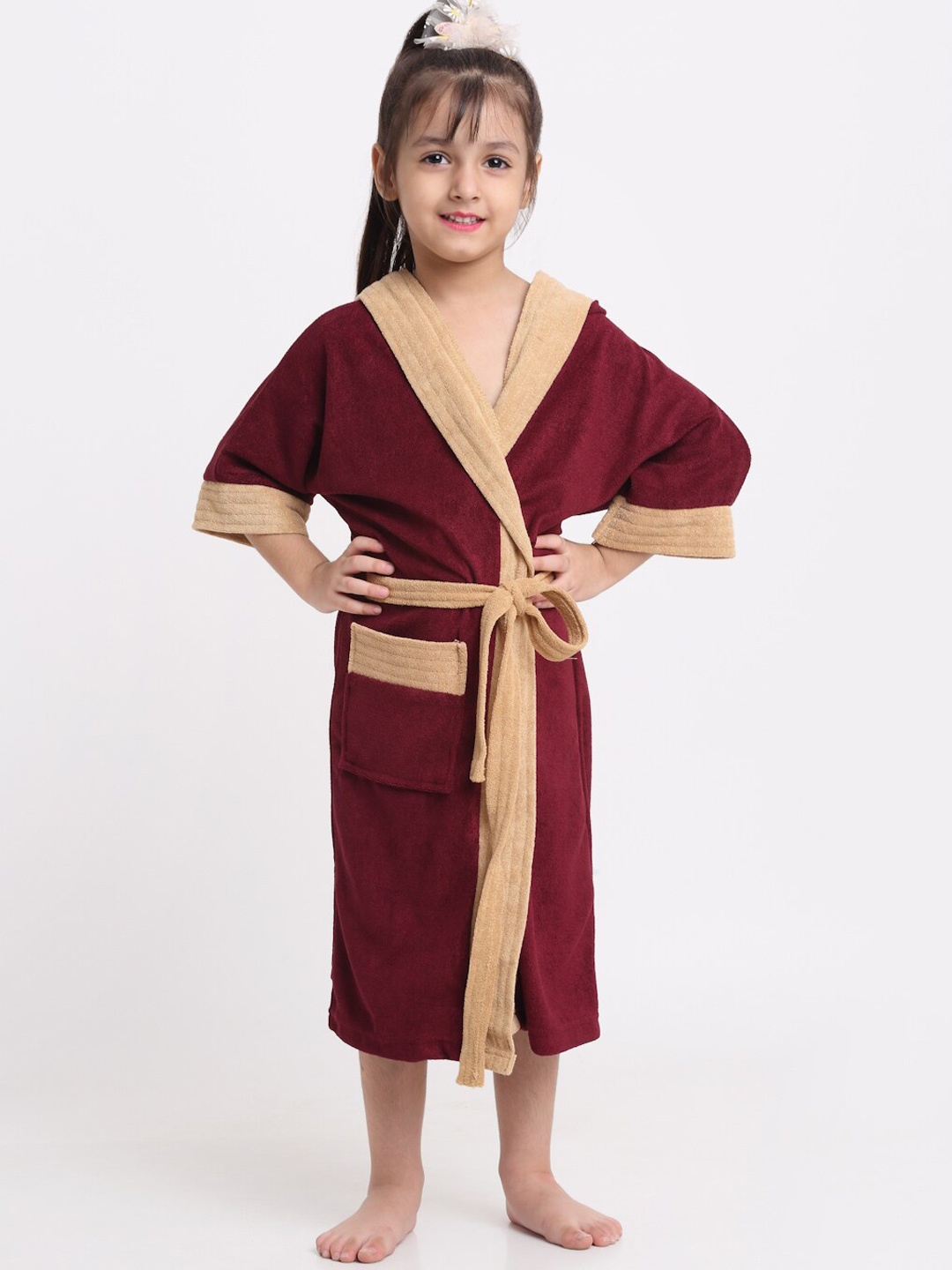 

Creeva Solid Hooded Bath Robe, Maroon