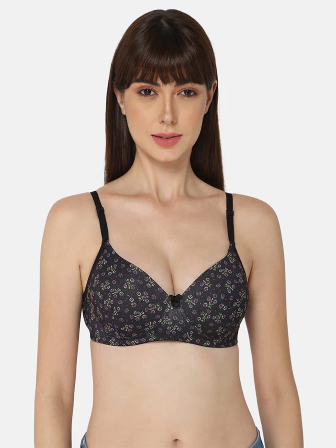 

intimacy LINGERIE Floral Printed T-shirt Bra - Medium Coverage Lightly Padded, Black