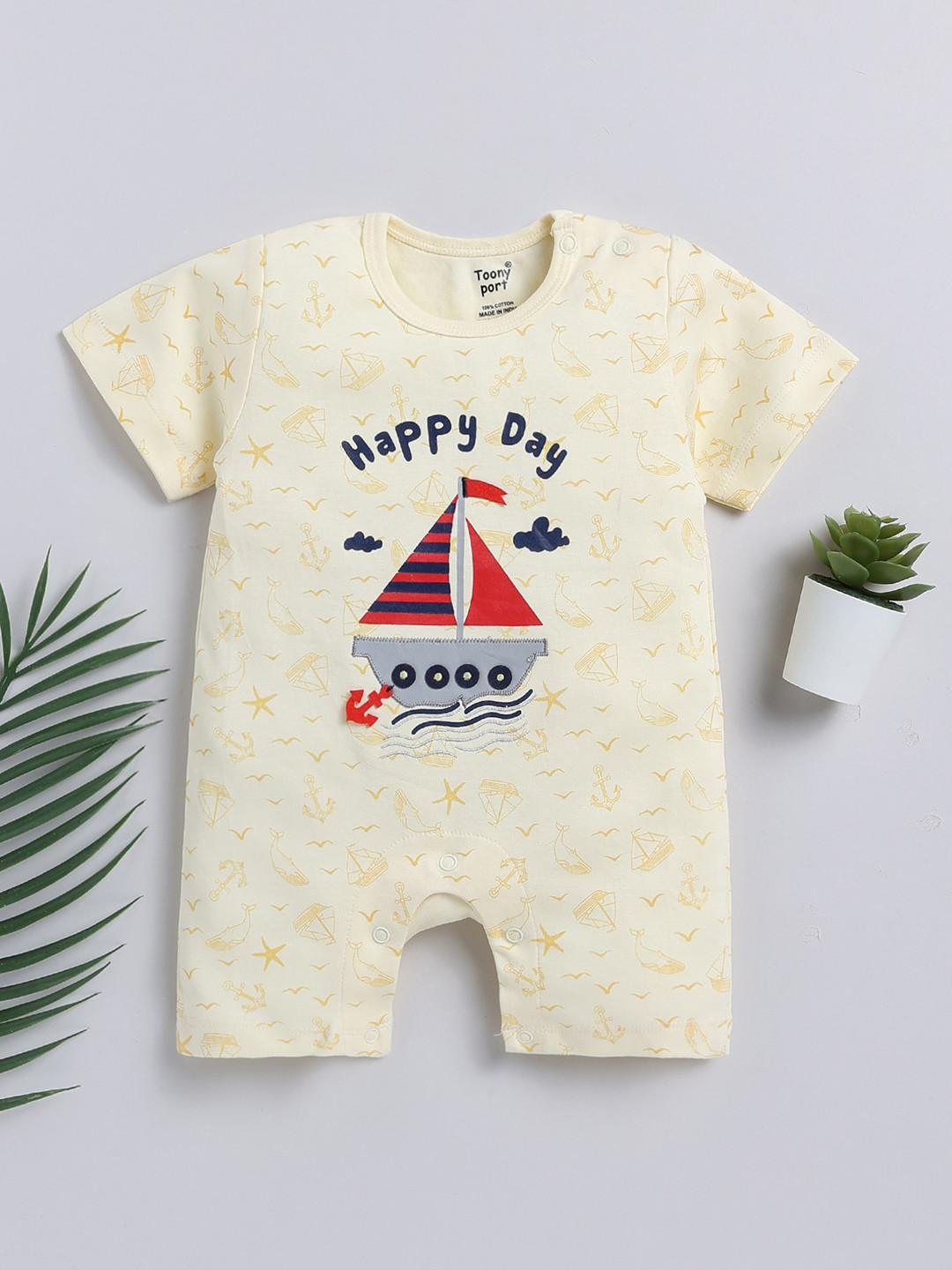 

Toonyport Infant Boys Typography Printed Cotton Rompers, Yellow
