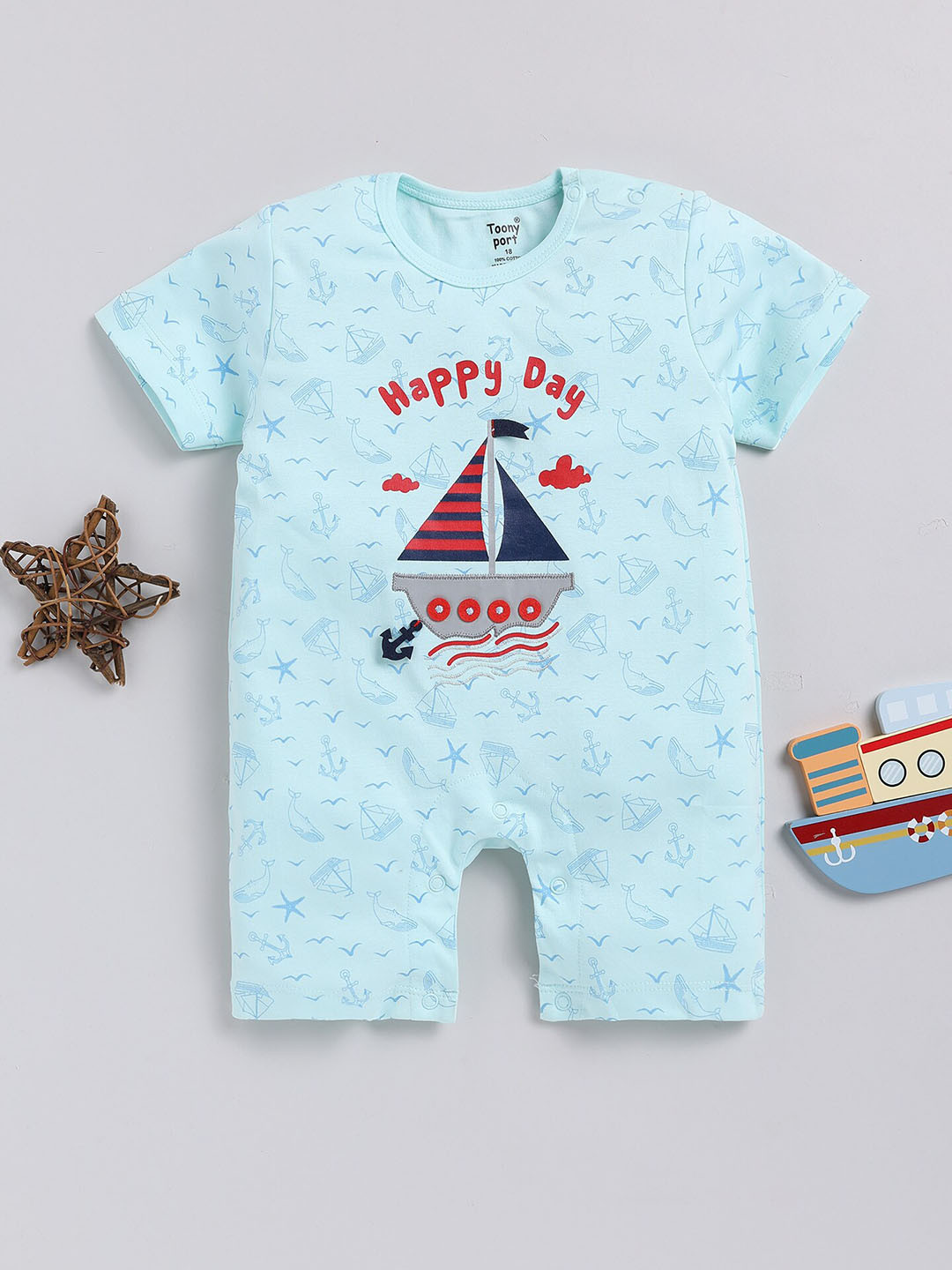 

Toonyport Infant Boys Typography Printed Pure Cotton Romper, Blue
