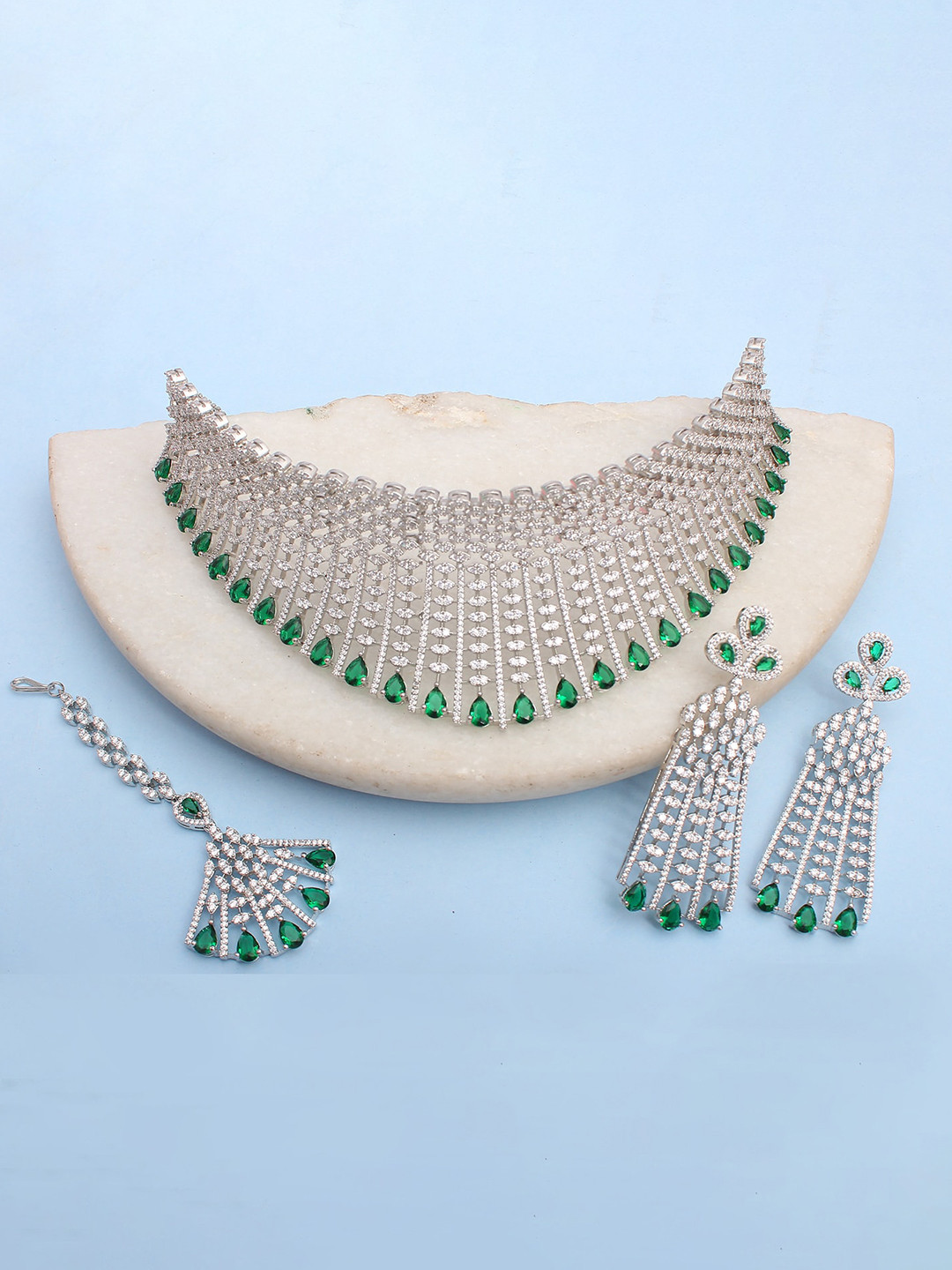 

Mirana Rhodium Plated Necklace Set With Maang Tika, Silver
