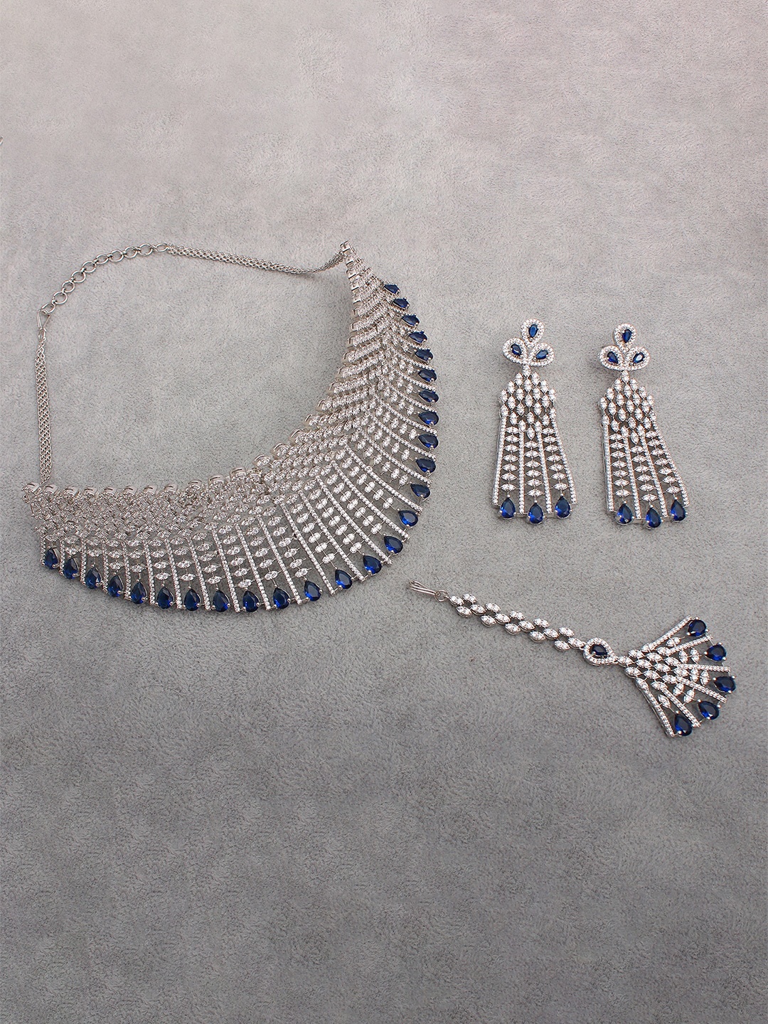 

Mirana Rhodium-Plated Cubic Zirconia-Studded Necklace With Earrings & Maang Tika, Silver