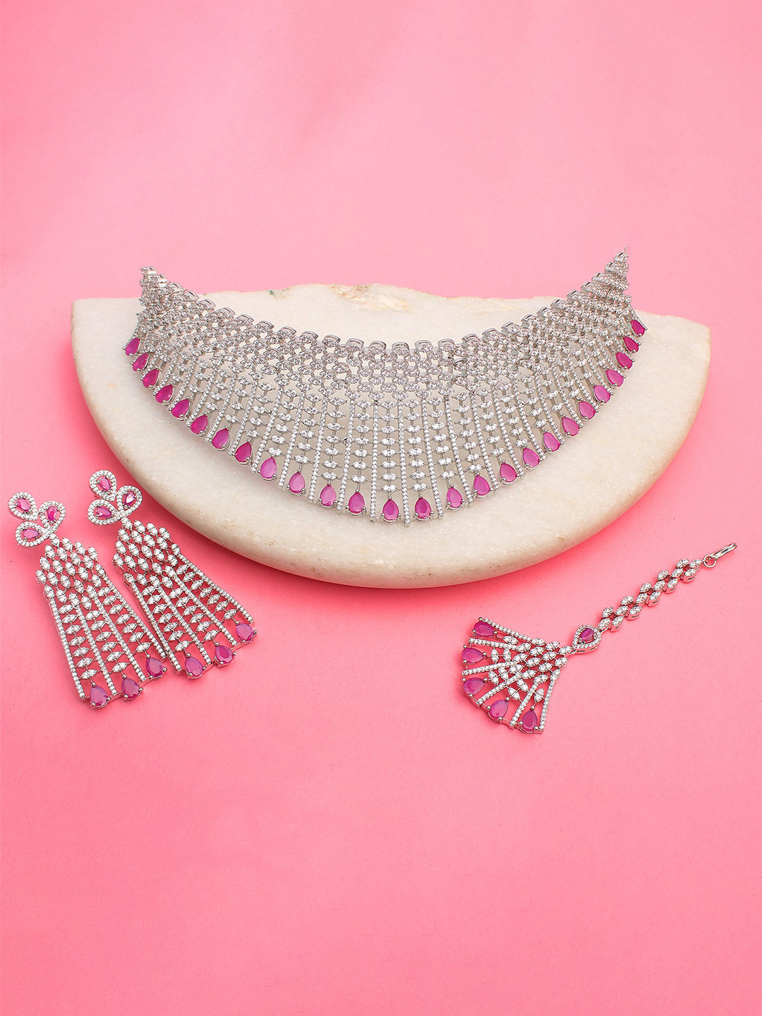 

Mirana Rhodium-Plated Cubic Zirconia-Studded Jewellery Set, Silver
